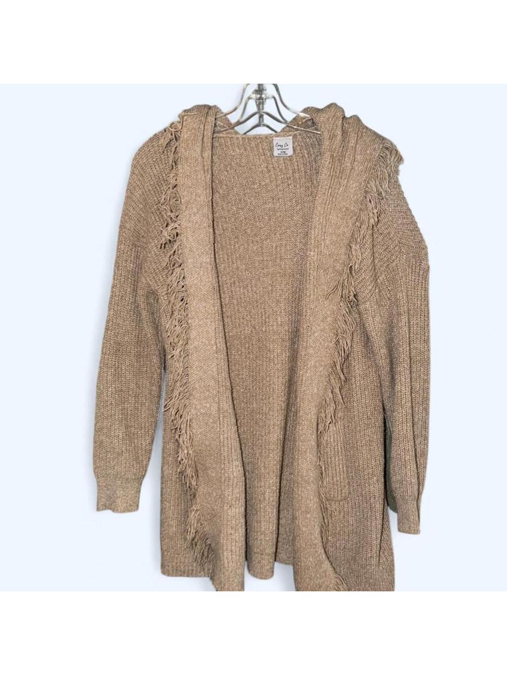 Cozy Co. Tan knit cardigan with fringe detail and hood Size S